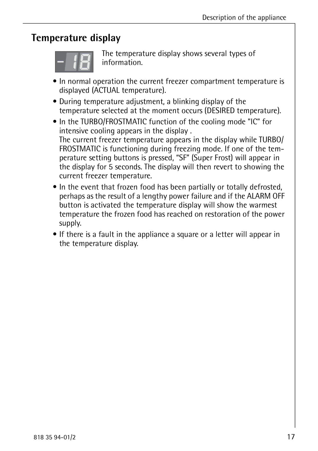 Electrolux U31462 operating instructions Temperature display 