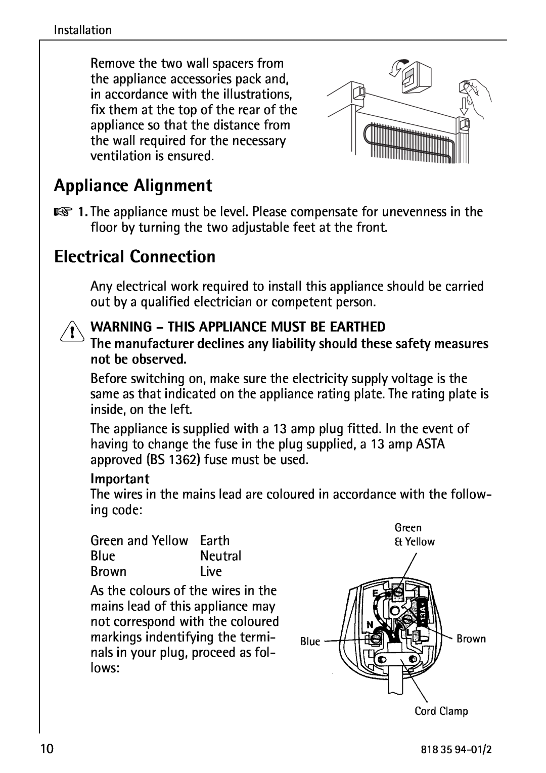 Electrolux U31462 Appliance Alignment, Electrical Connection, Warning - This Appliance Must Be Earthed 