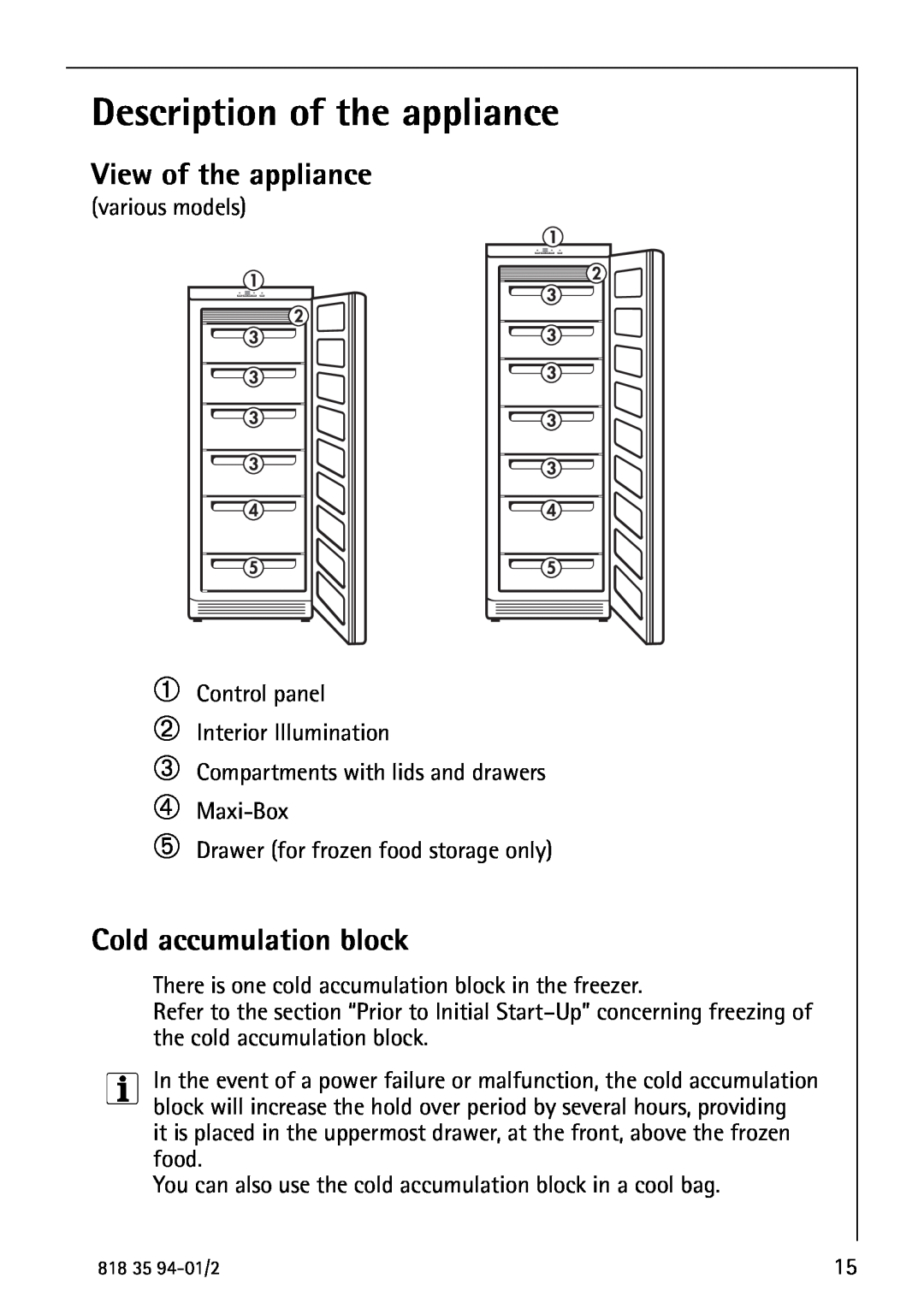 Electrolux U31462 operating instructions Description of the appliance, View of the appliance, Cold accumulation block 