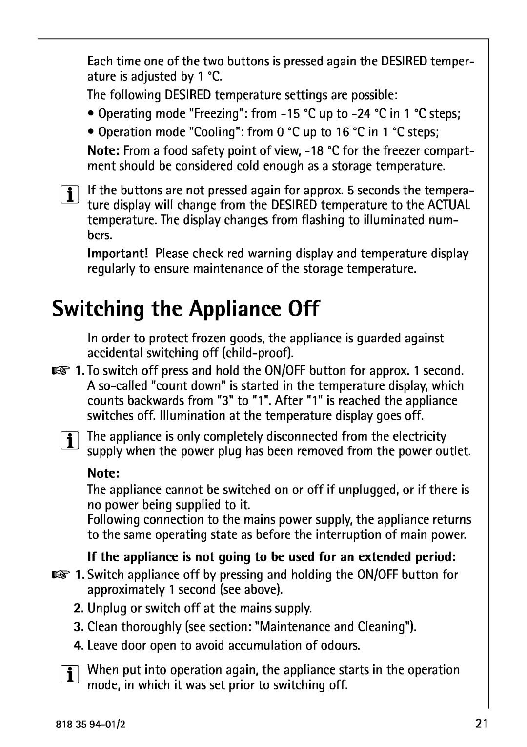 Electrolux U31462 Switching the Appliance Off, If the appliance is not going to be used for an extended period 