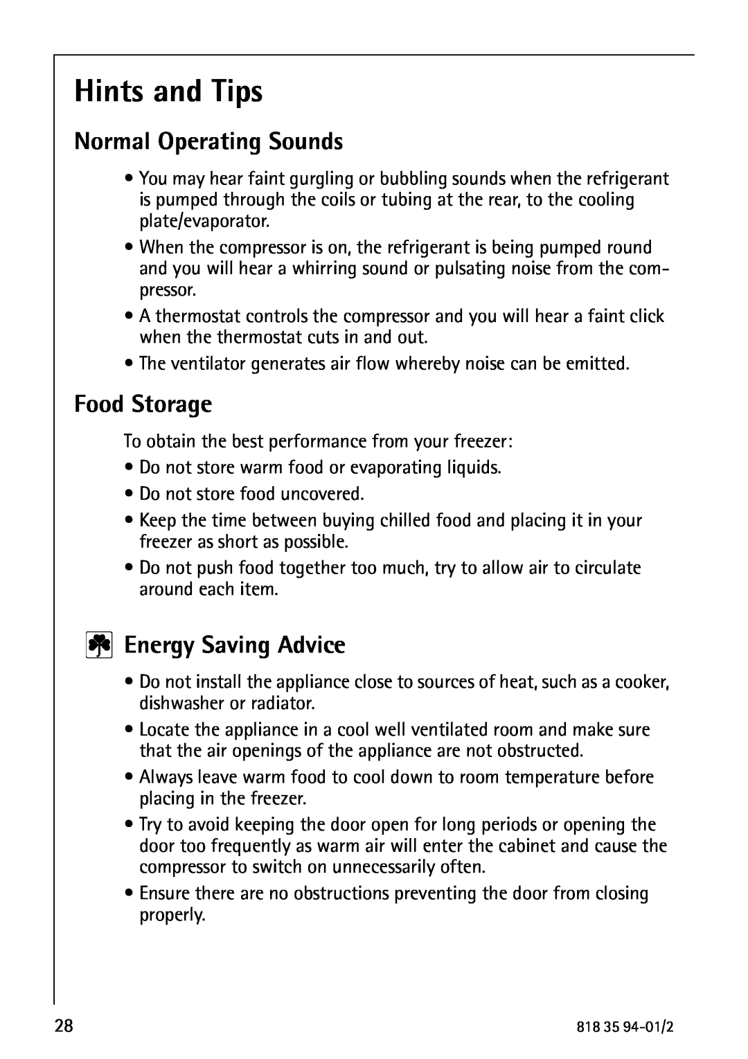 Electrolux U31462 operating instructions Hints and Tips, Normal Operating Sounds, Food Storage, Energy Saving Advice 
