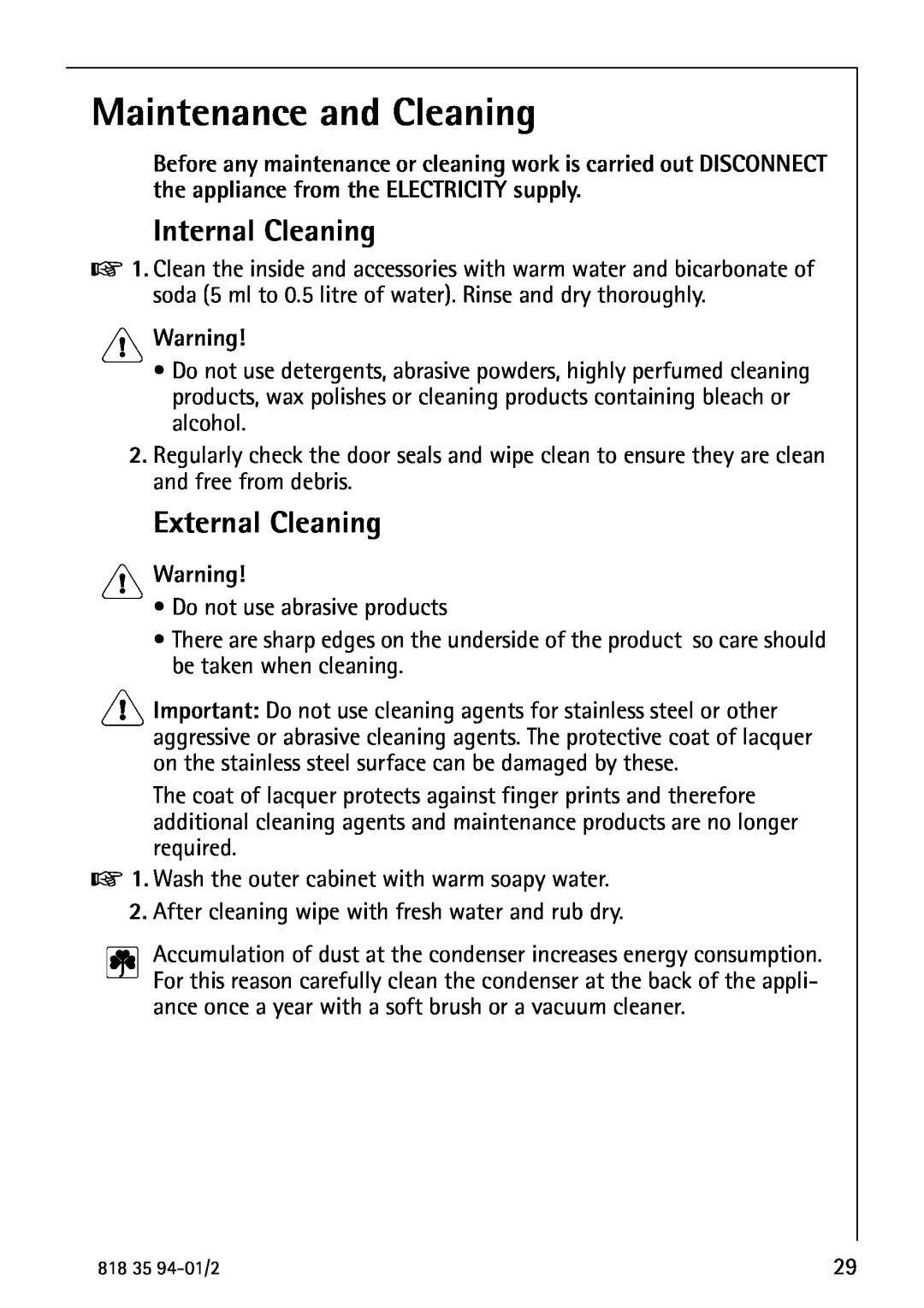 Electrolux U31462 operating instructions Maintenance and Cleaning, Internal Cleaning, External Cleaning, Warning 