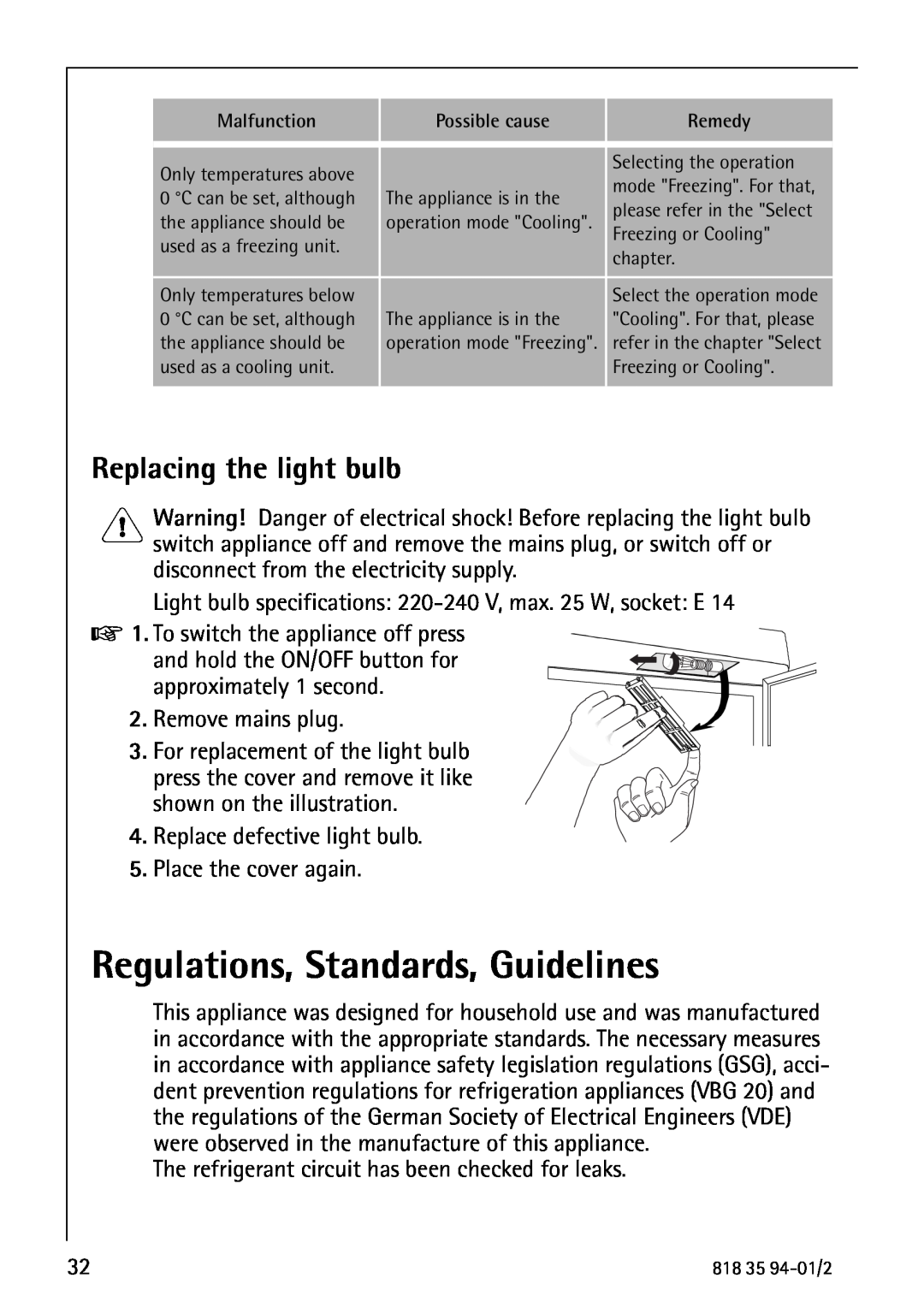 Electrolux U31462 operating instructions Regulations, Standards, Guidelines, Replacing the light bulb 