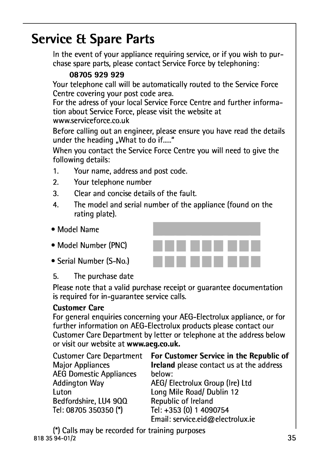 Electrolux U31462 operating instructions Service & Spare Parts, 08705 929, Customer Care 