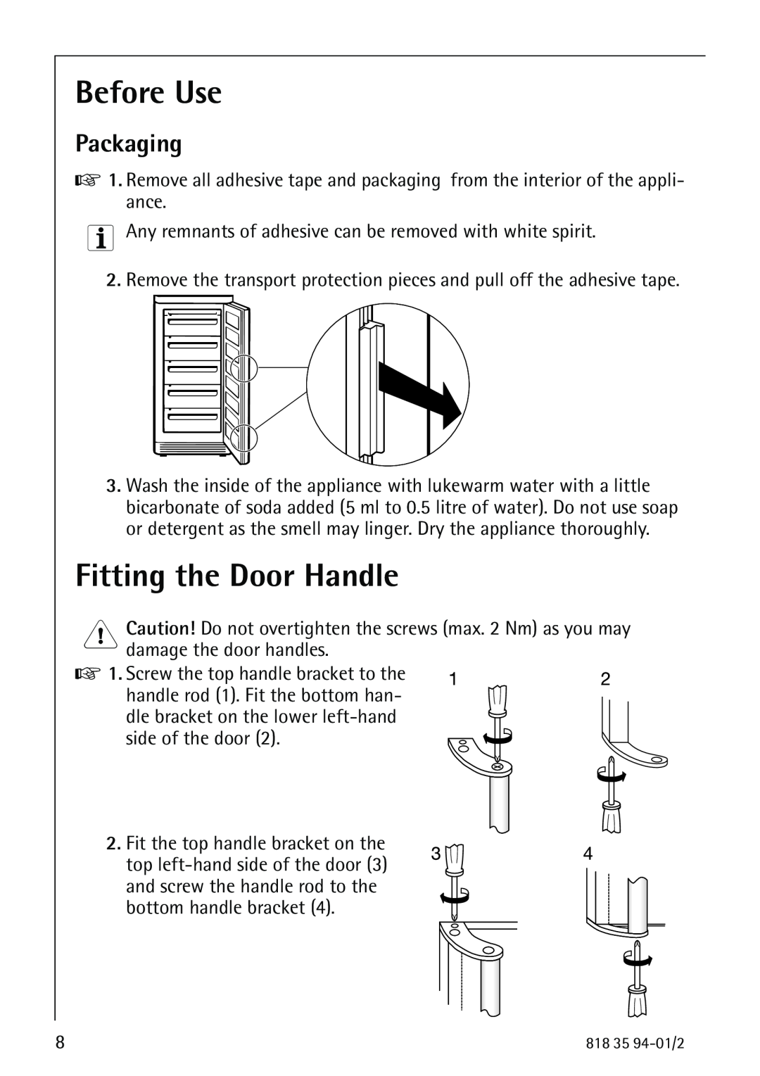 Electrolux U31462 operating instructions Before Use, Fitting the Door Handle, Packaging 