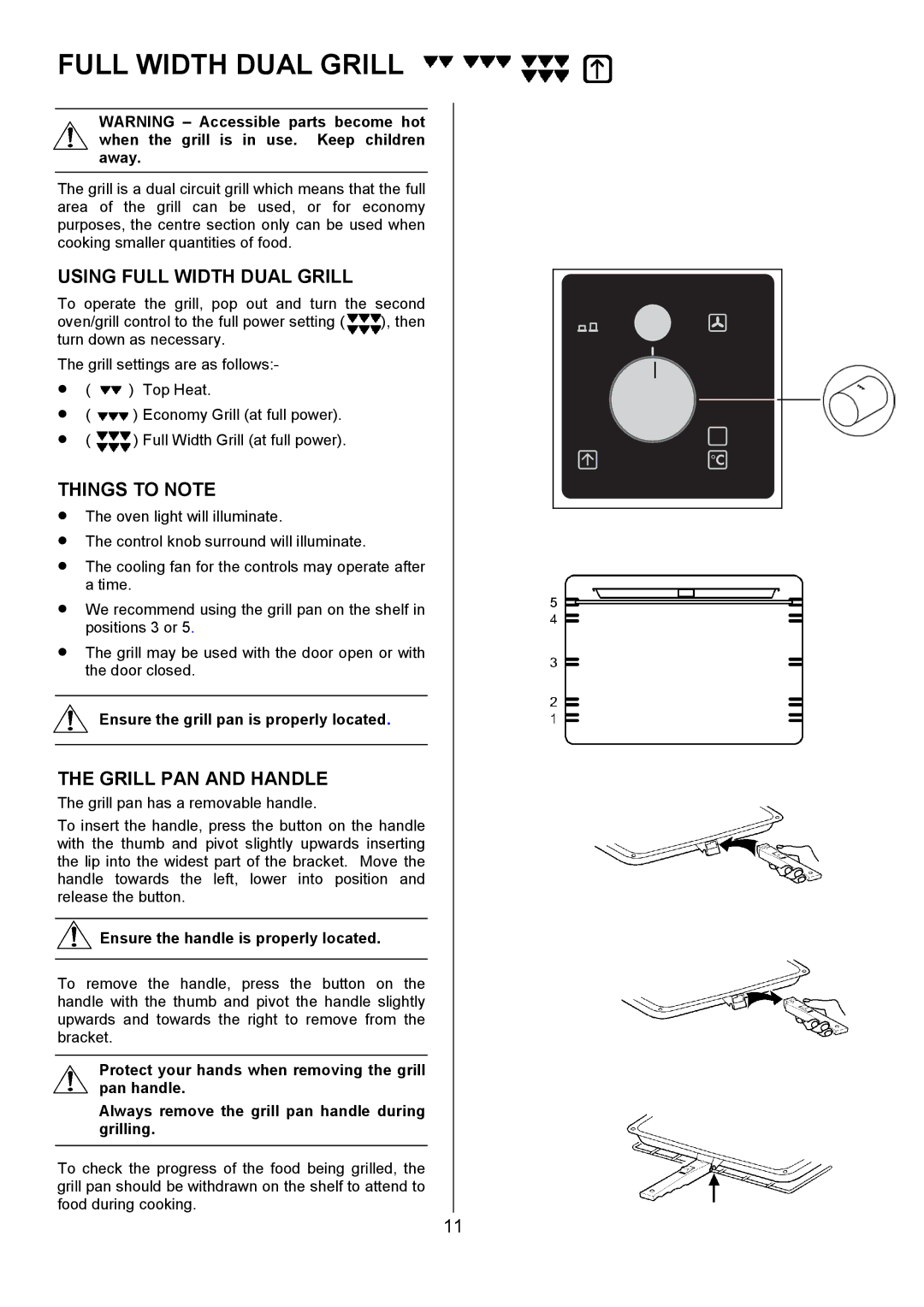 Electrolux U7101-4 operating instructions Using Full Width Dual Grill, Things to Note, Grill PAN and Handle 