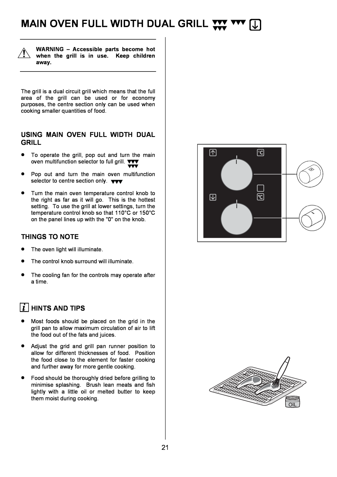 Electrolux U7101-4 operating instructions Using Main Oven Full Width Dual Grill, Things To Note, Hints And Tips 