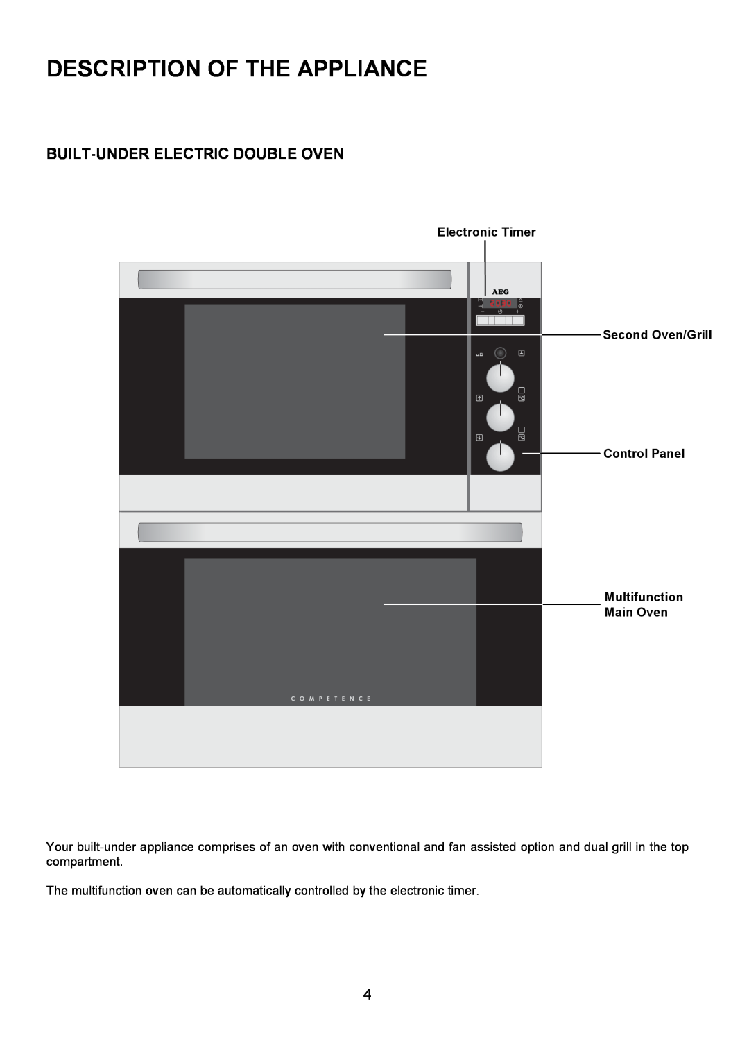 Electrolux U7101-4 operating instructions Description Of The Appliance, Built-Under Electric Double Oven, Main Oven 