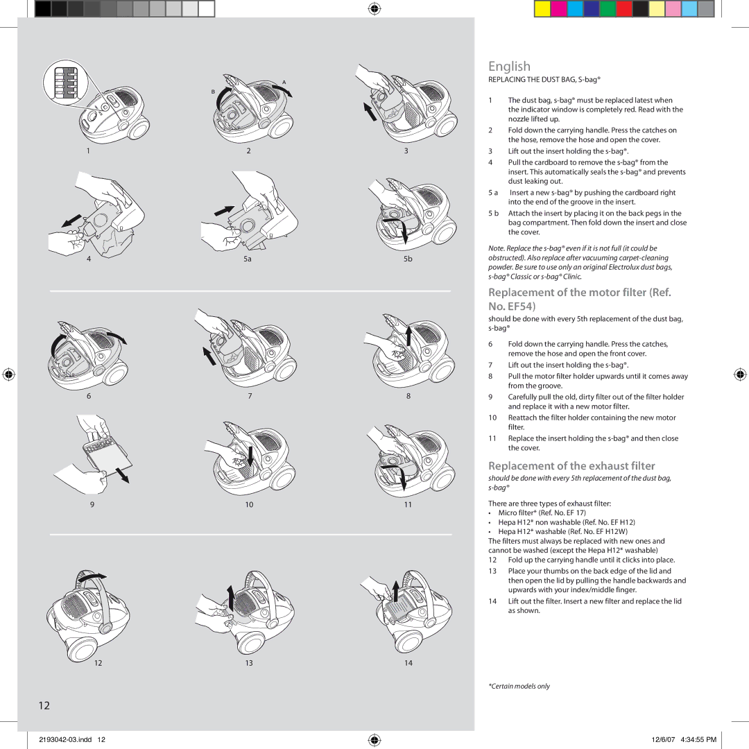 Electrolux Ultra Silencer manual Replacement of the motor filter Ref. No. EF54, Replacement of the exhaust filter 