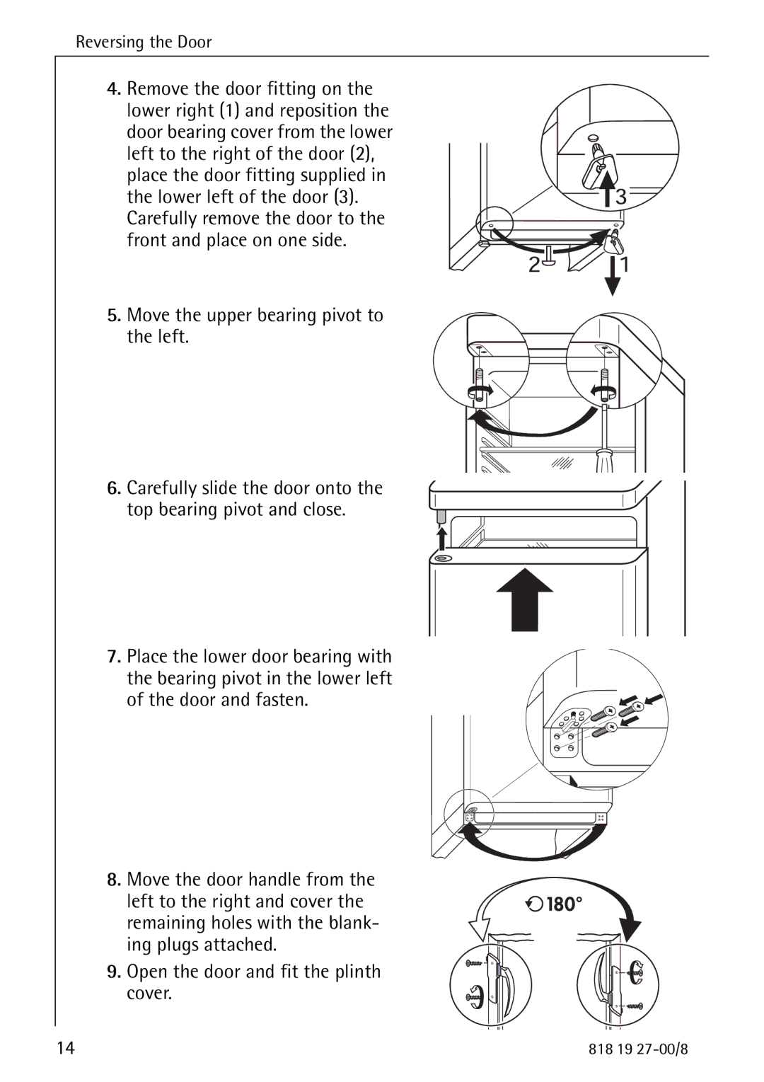 Electrolux Upright Refrigerator manual Move the upper bearing pivot to the left 