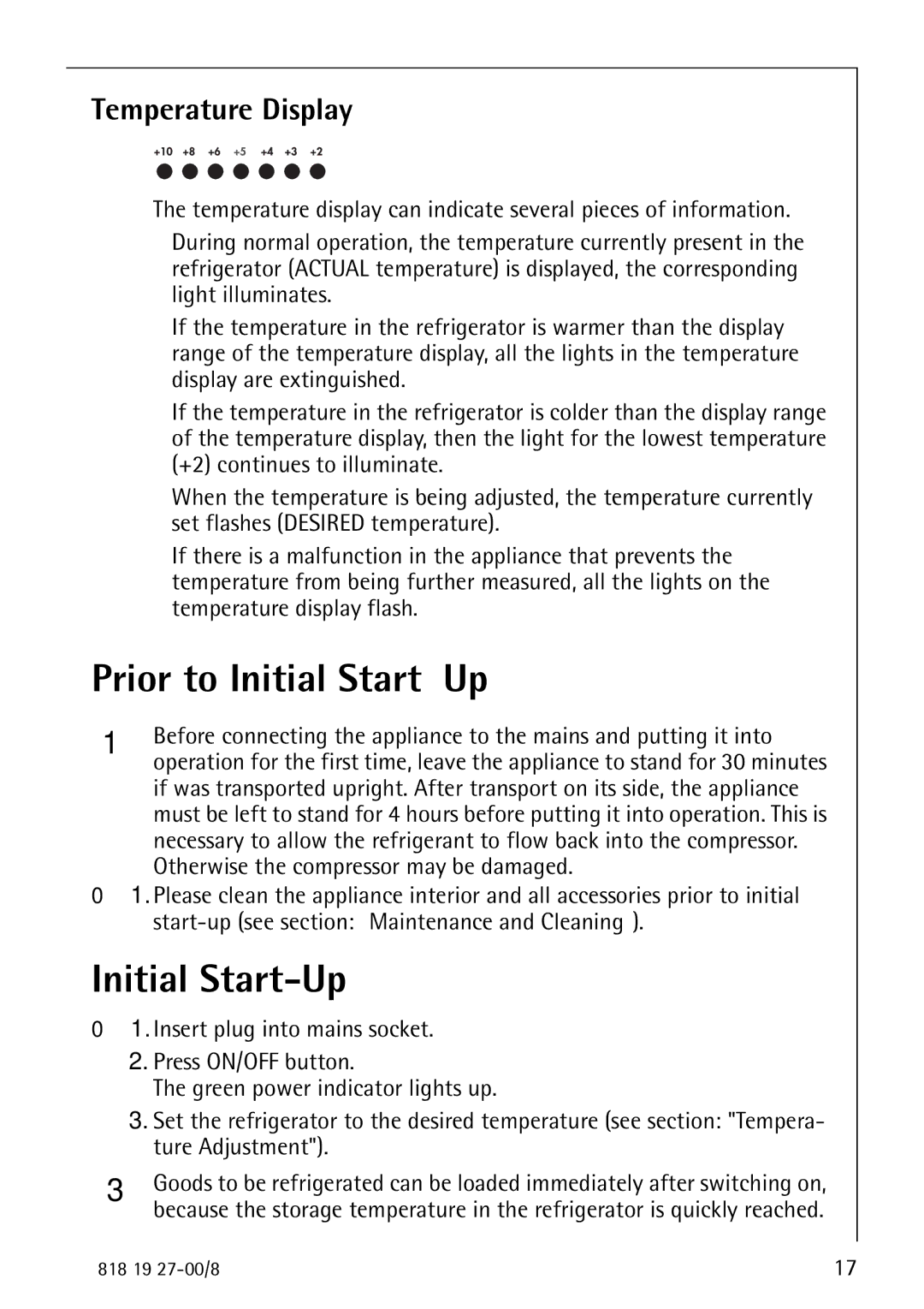 Electrolux Upright Refrigerator manual Prior to Initial Start-Up, Temperature Display 