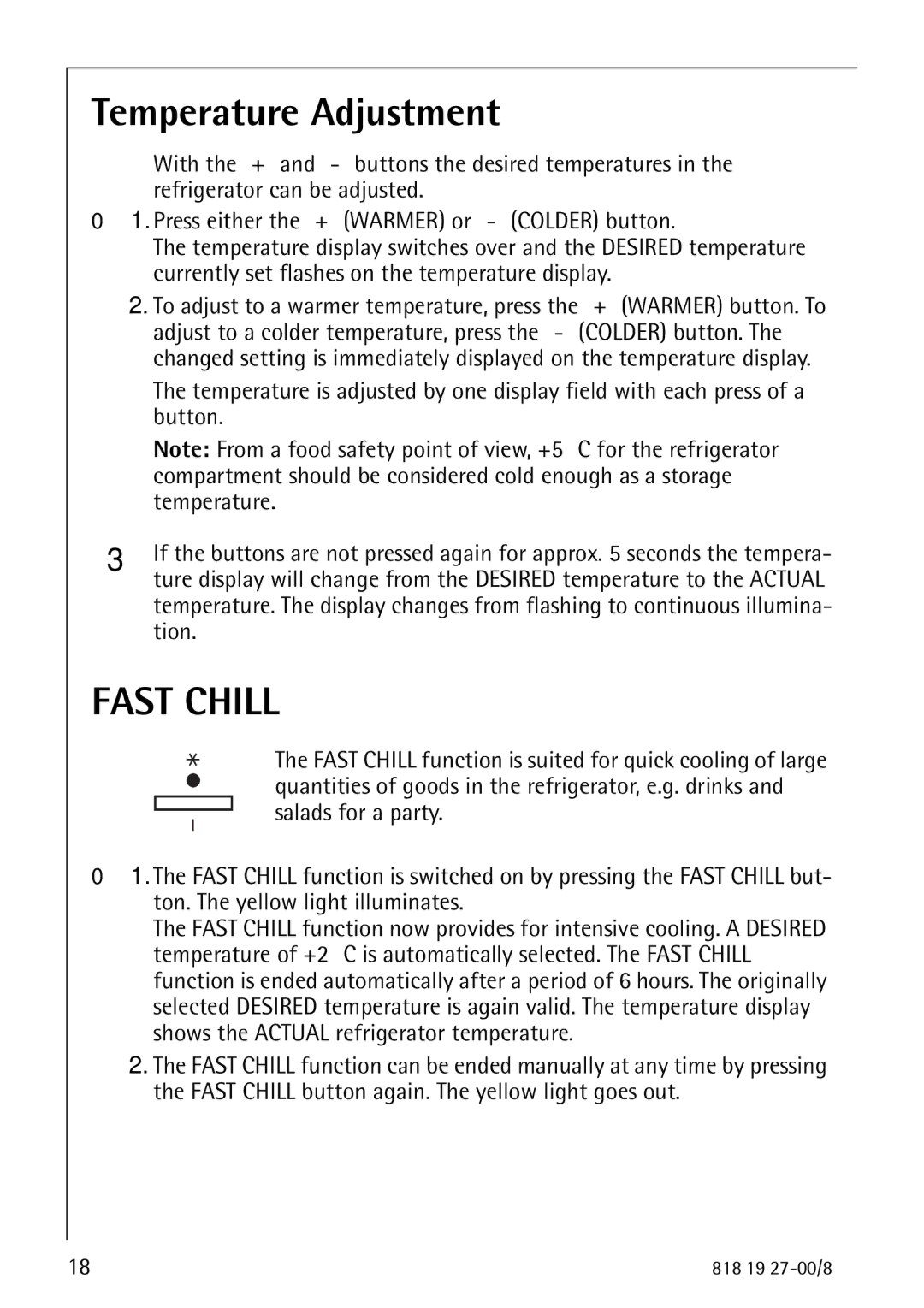 Electrolux Upright Refrigerator manual Temperature Adjustment, Fast Chill 