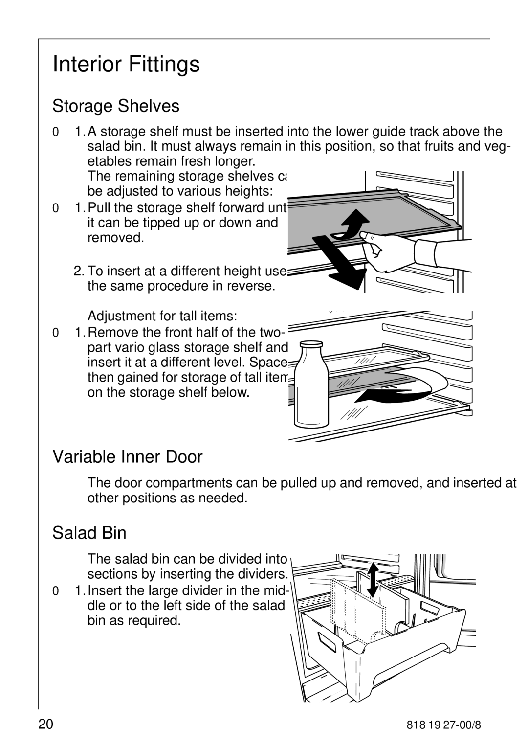 Electrolux Upright Refrigerator manual Interior Fittings, Storage Shelves, Variable Inner Door, Salad Bin 