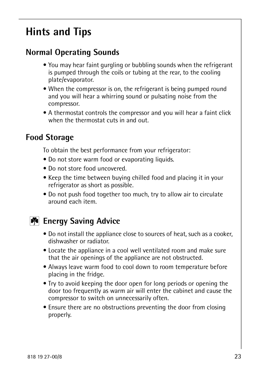 Electrolux Upright Refrigerator manual Hints and Tips, Normal Operating Sounds, Food Storage, Energy Saving Advice 