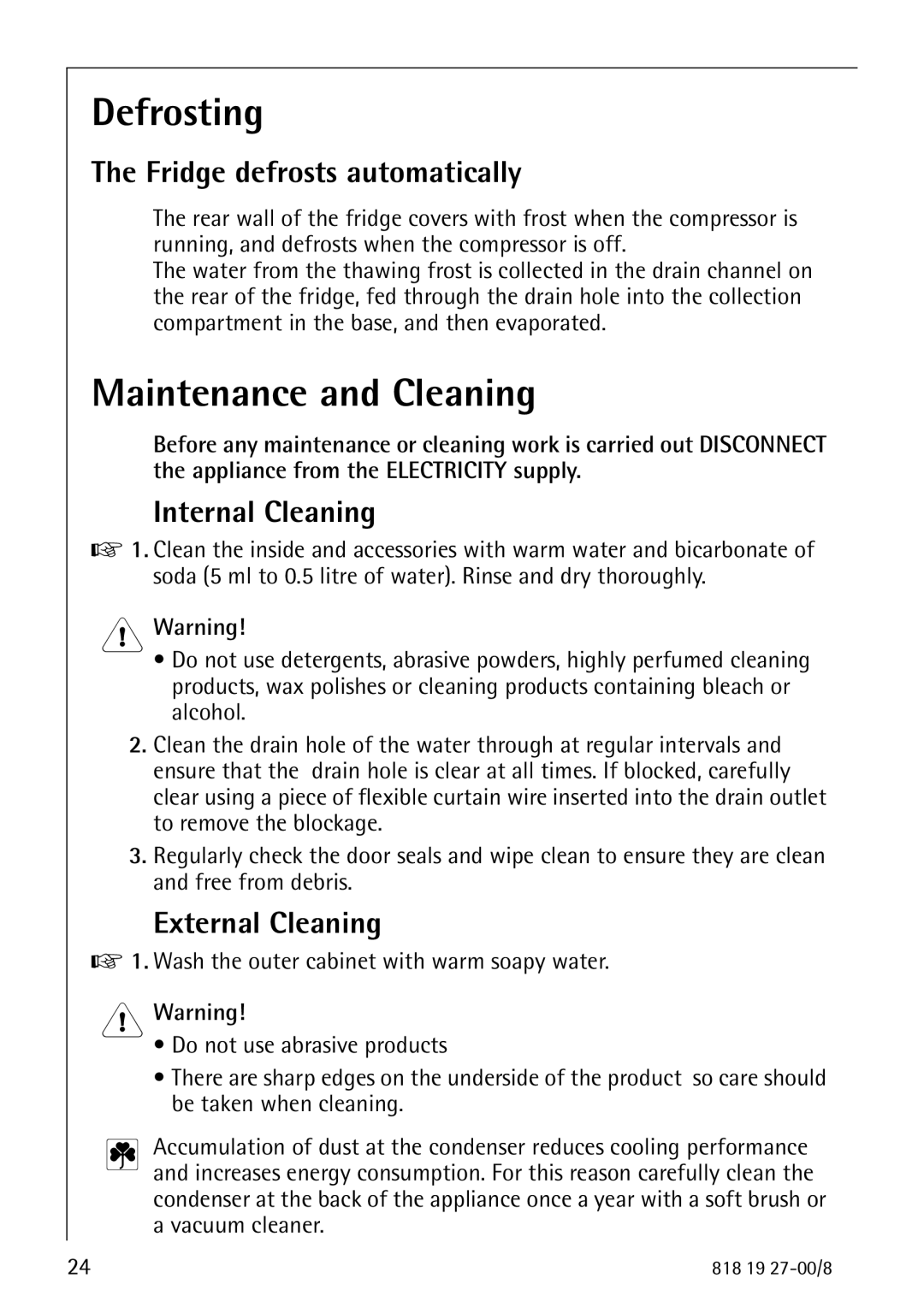 Electrolux Upright Refrigerator Defrosting, Maintenance and Cleaning, Fridge defrosts automatically, Internal Cleaning 