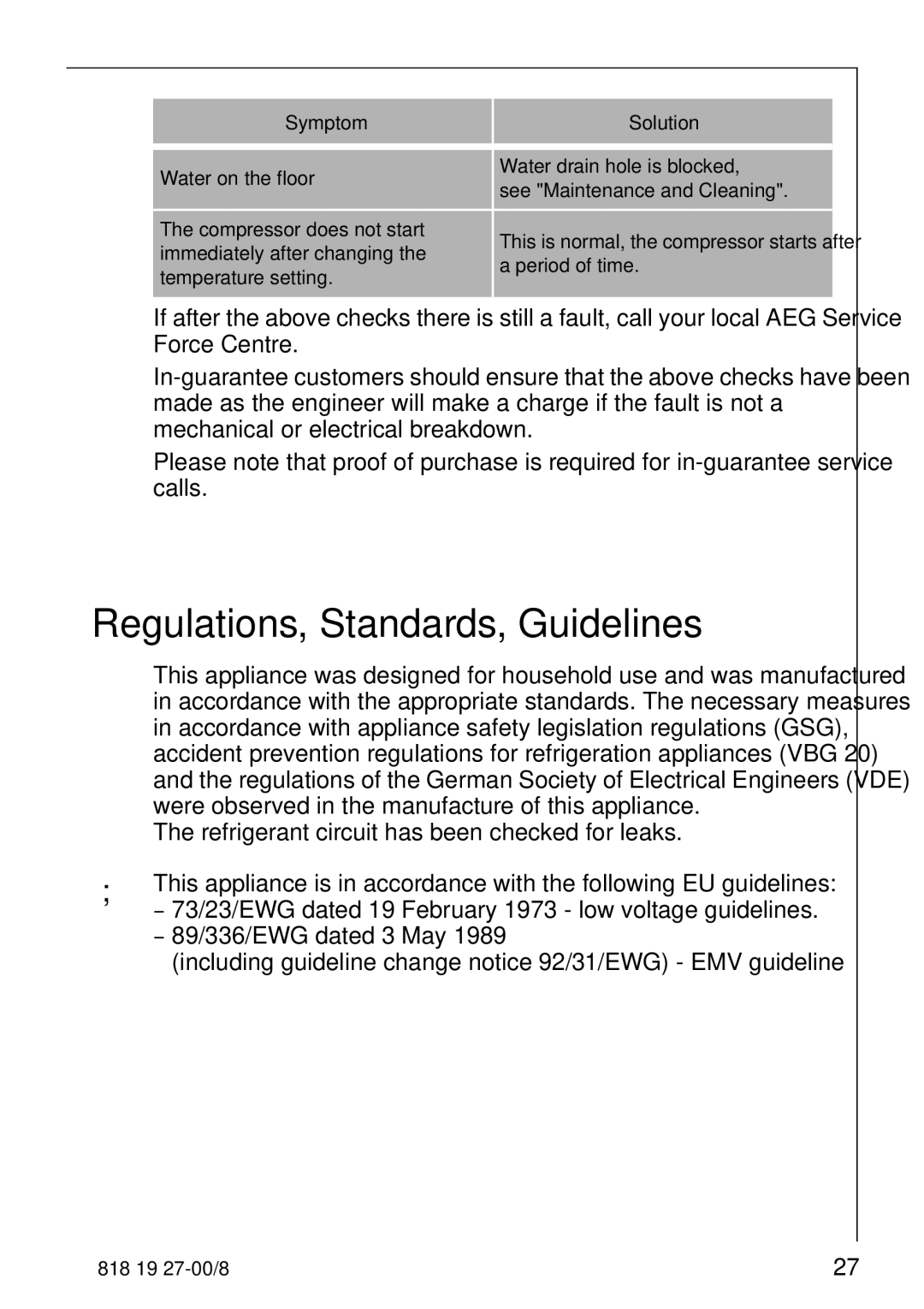 Electrolux Upright Refrigerator manual Regulations, Standards, Guidelines 