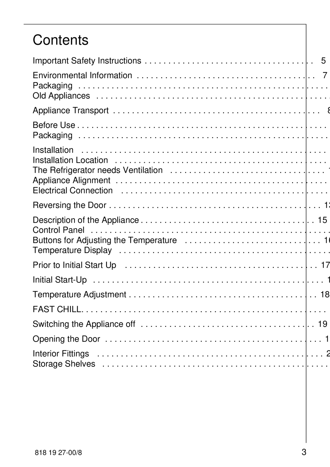 Electrolux Upright Refrigerator manual Contents 