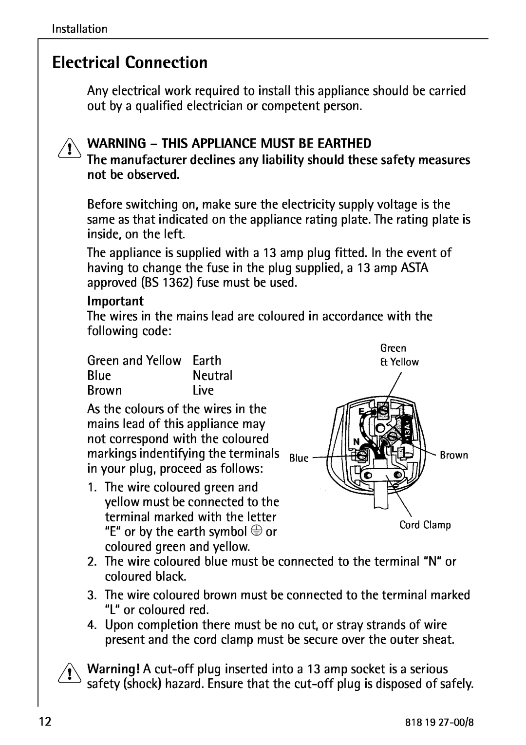 Electrolux Upright Refrigerator manual Electrical Connection, Warning - This Appliance Must Be Earthed 