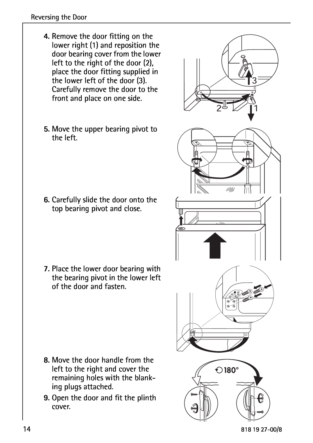 Electrolux Upright Refrigerator manual Move the upper bearing pivot to the left 