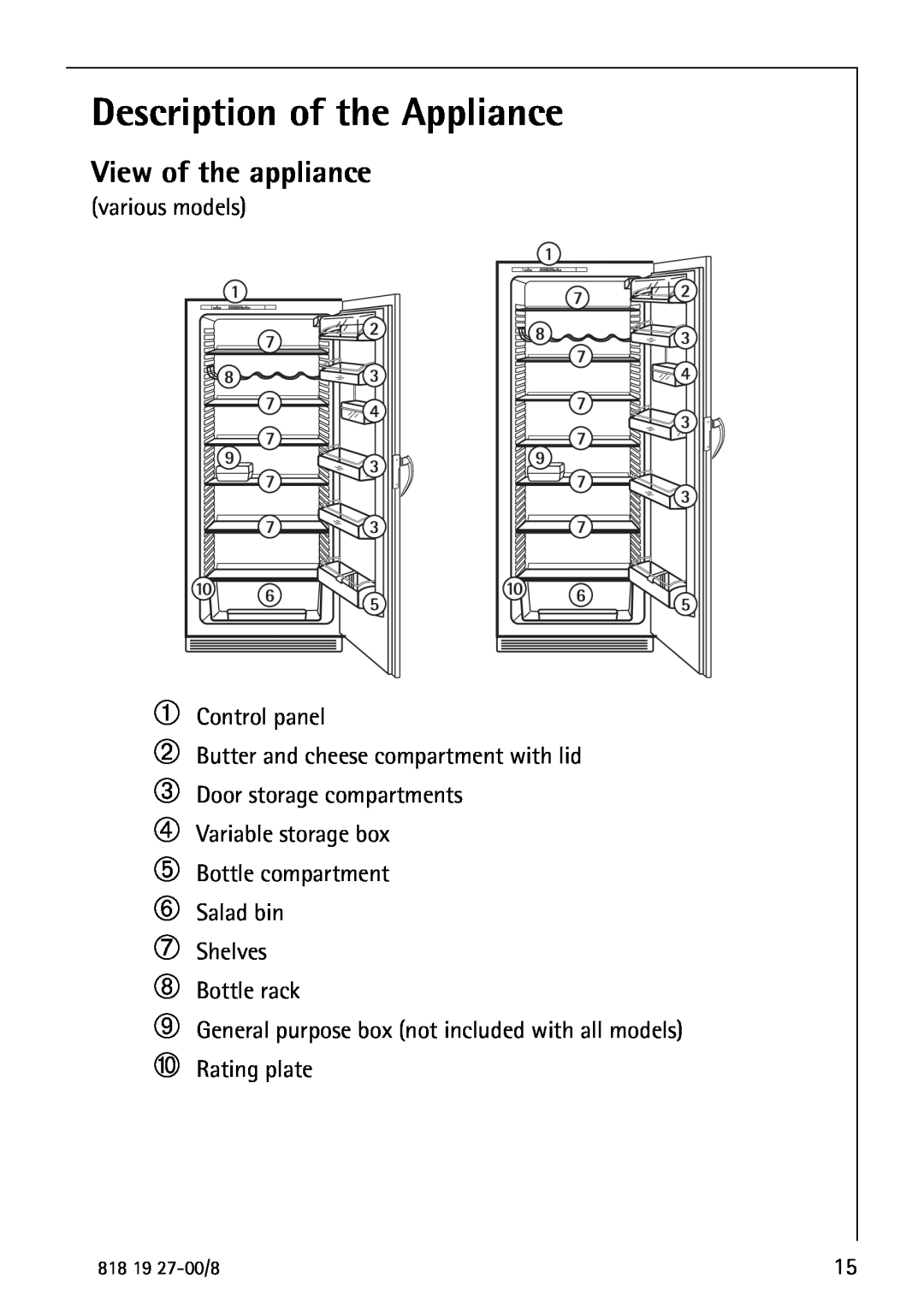 Electrolux Upright Refrigerator manual Description of the Appliance, View of the appliance 