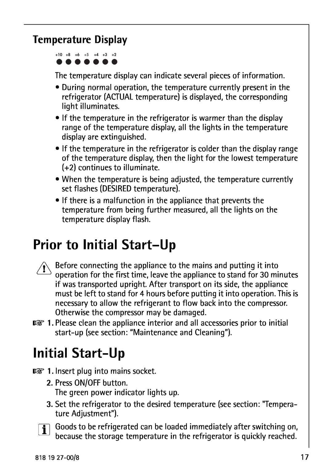 Electrolux Upright Refrigerator manual Prior to Initial Start-Up, Temperature Display 