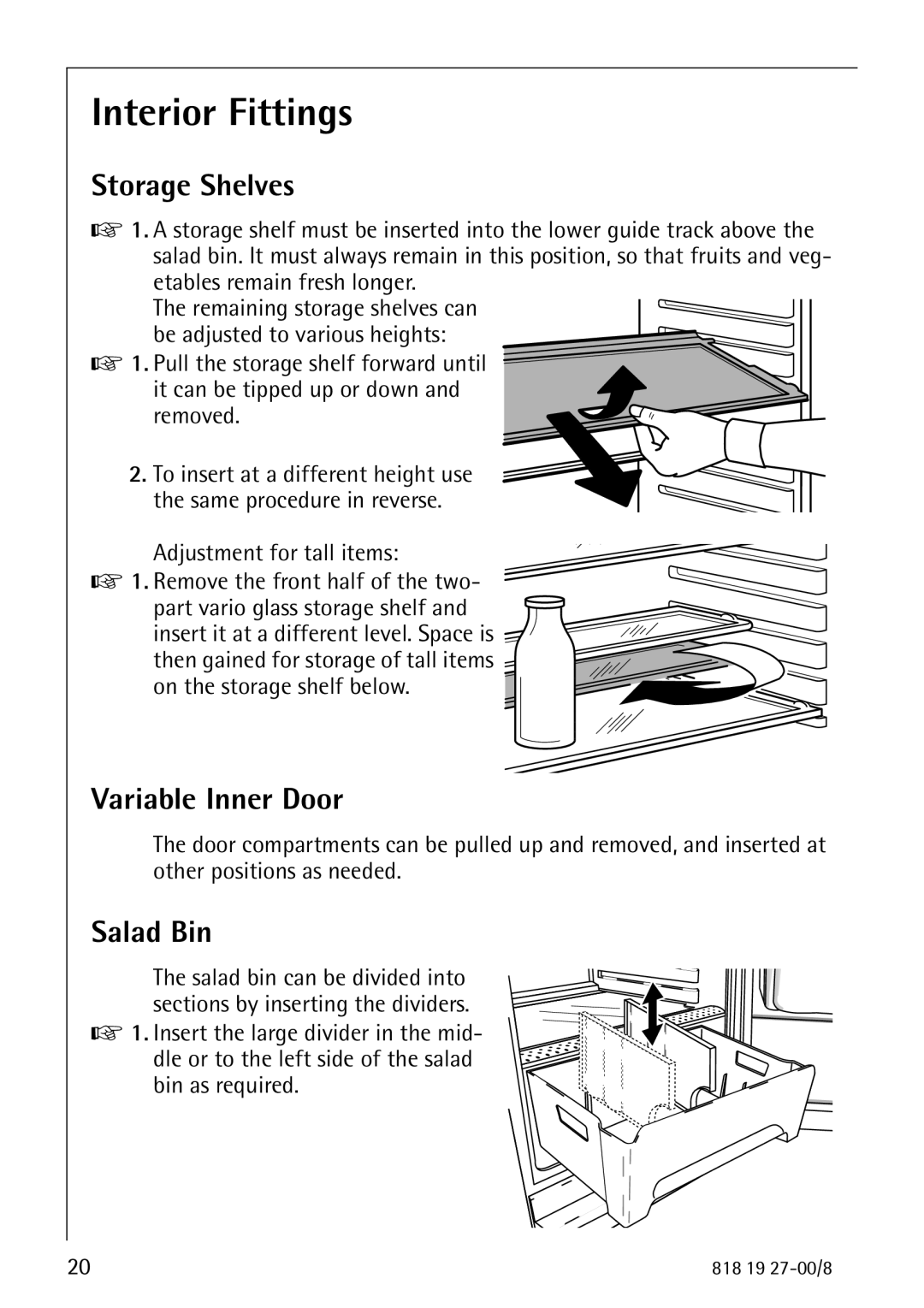 Electrolux Upright Refrigerator manual Interior Fittings, Storage Shelves, Variable Inner Door, Salad Bin 