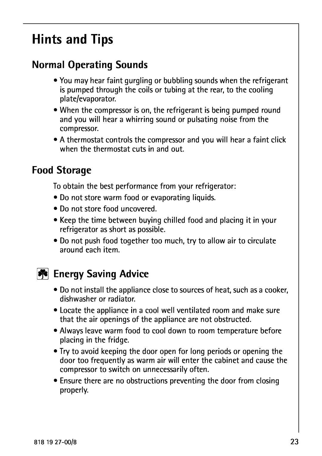 Electrolux Upright Refrigerator manual Hints and Tips, Normal Operating Sounds, Food Storage, Energy Saving Advice 