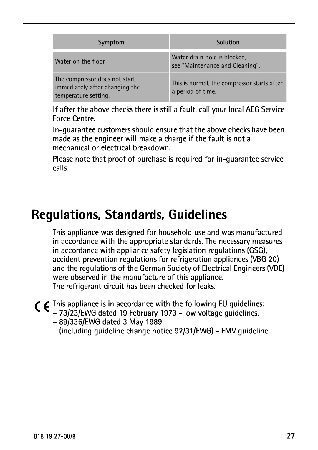 Electrolux Upright Refrigerator manual Regulations, Standards, Guidelines 