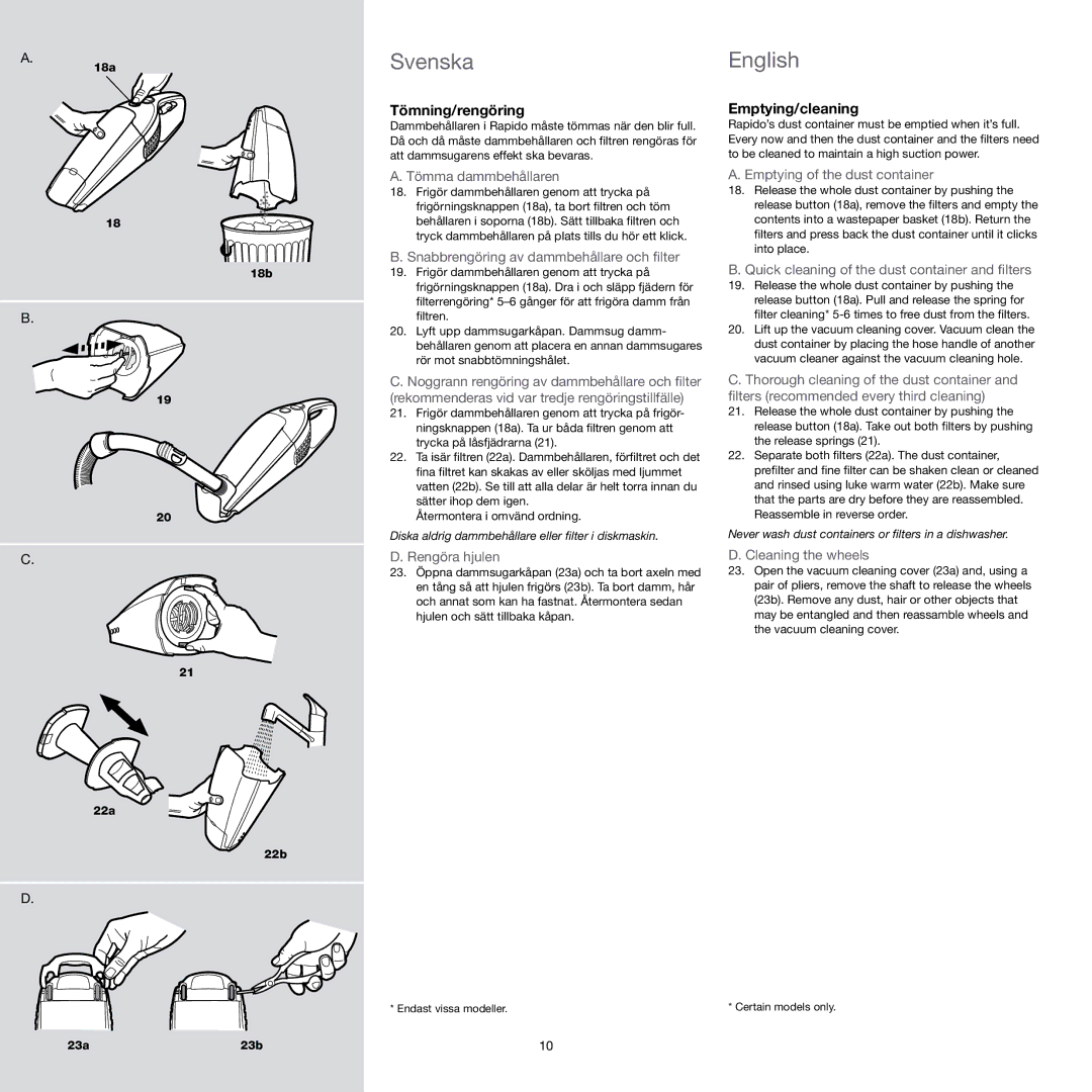 Electrolux Vacuum Cleaner manual Tömning/rengöring, Emptying/cleaning 