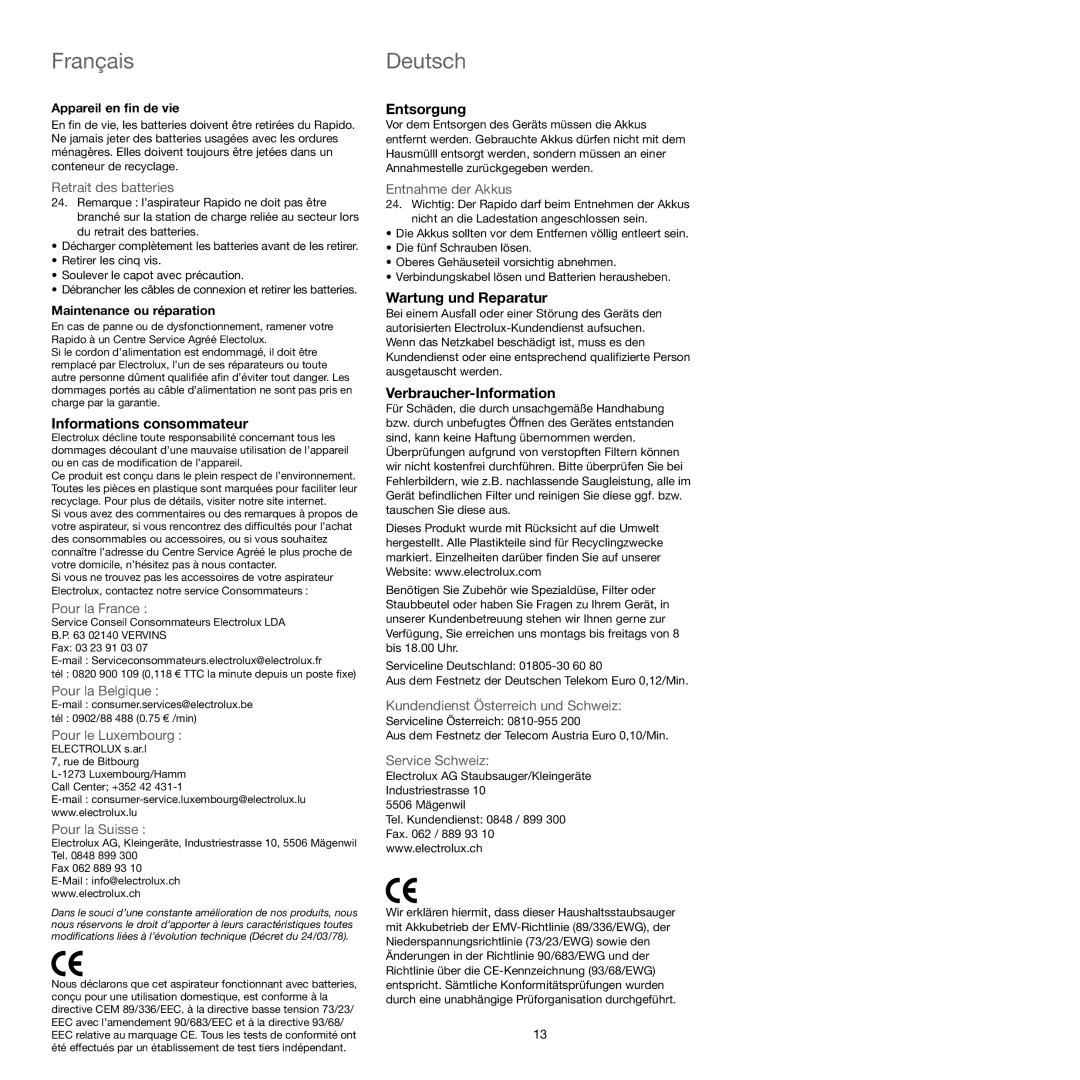 Electrolux Vacuum Cleaner manual Informations consommateur, Entsorgung, Wartung und Reparatur, Verbraucher-Information 