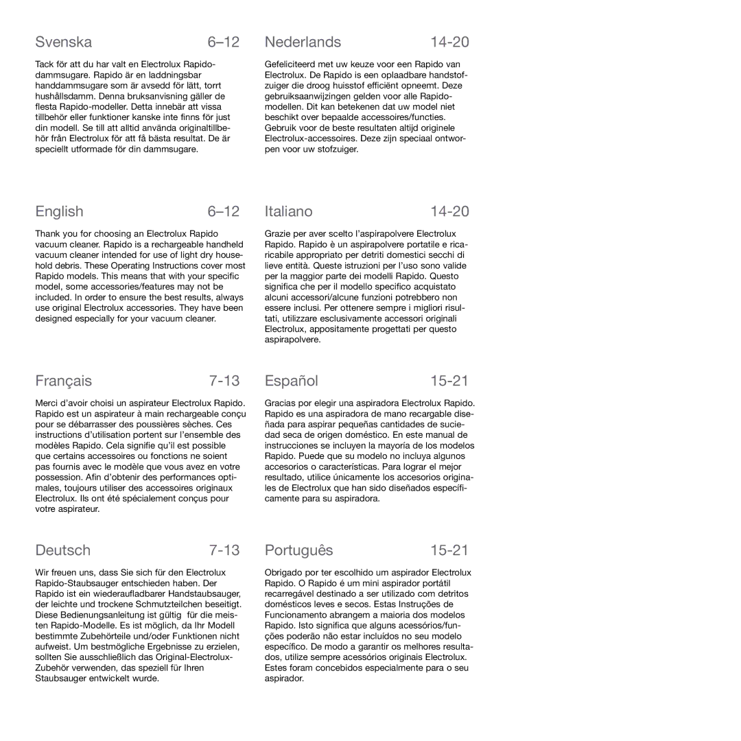 Electrolux Vacuum Cleaner manual Svenska6-12, Nederlands14-20, English6-12, Italiano14-20, Français7-13, Español15-21 