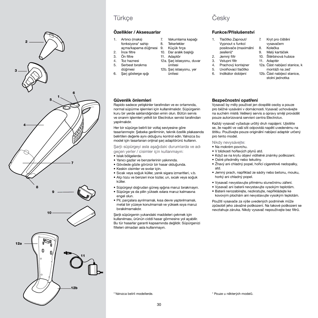 Electrolux Vacuum Cleaner manual Türkçe Česky, Özellikler / Aksesuarlar, Güvenlik önlemleri, Bezpečnostní opatření 