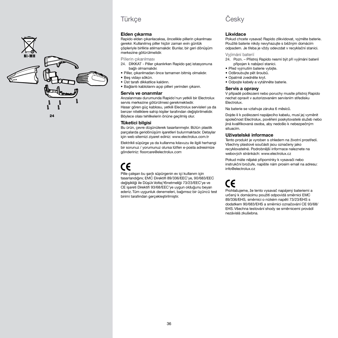 Electrolux Vacuum Cleaner manual Elden çıkarma, Servis ve onarımlar, Tüketici bilgisi, Likvidace, Servis a opravy 