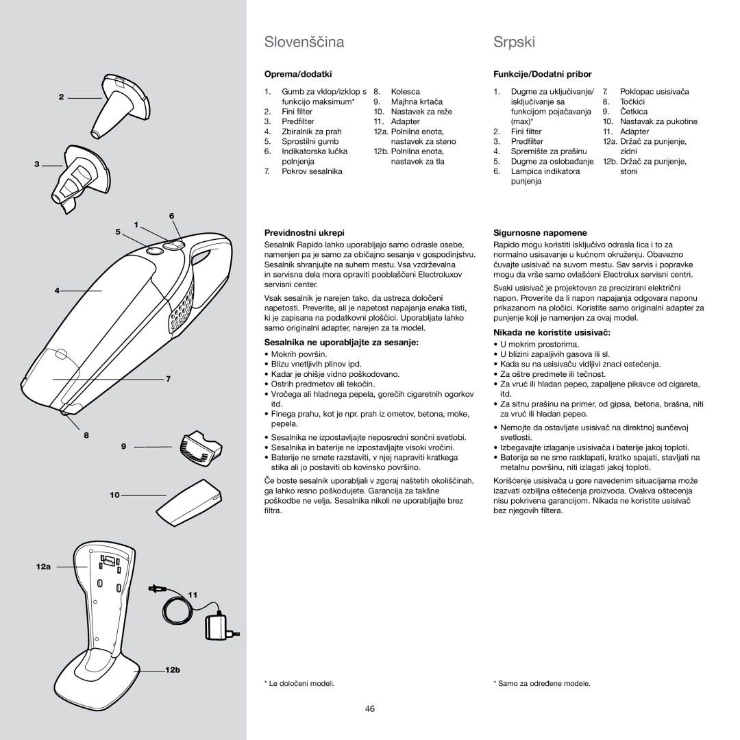 Electrolux Vacuum Cleaner manual Slovenščina Srpski, Oprema/dodatki Funkcije/Dodatni pribor, Previdnostni ukrepi 