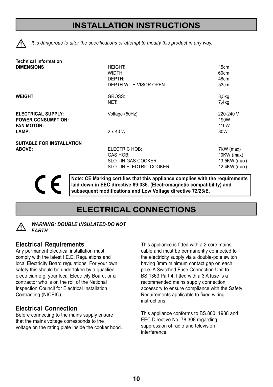 Electrolux Ventilation Hood manual Installation Instructions, Electrical Connections, Electrical Requirements 