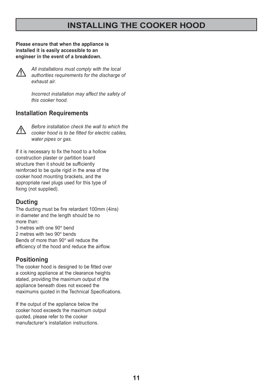 Electrolux Ventilation Hood manual Installing the Cooker Hood, Installation Requirements, Ducting, Positioning 