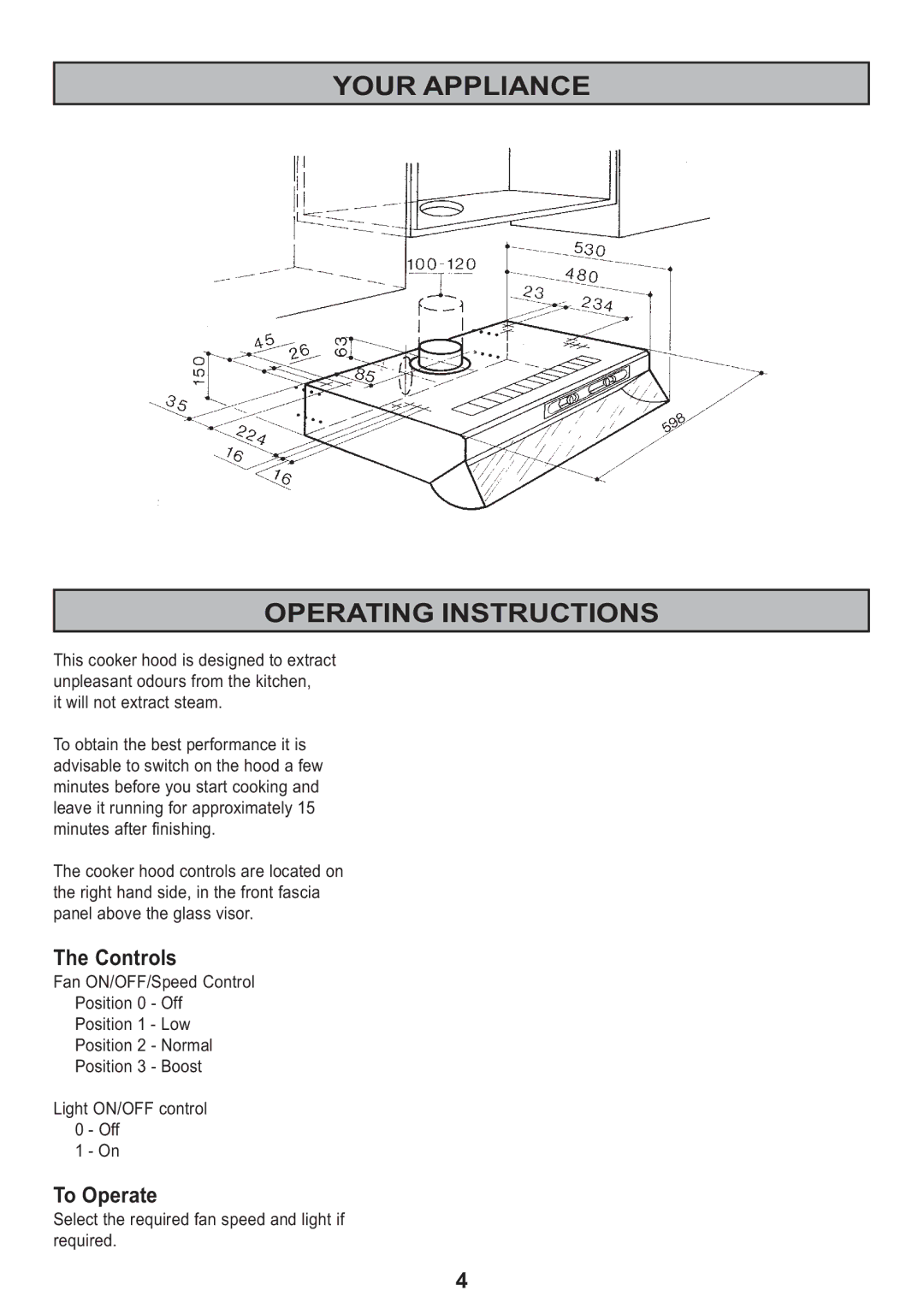 Electrolux Ventilation Hood manual Your Appliance Operating Instructions, Controls, To Operate, It will not extract steam 