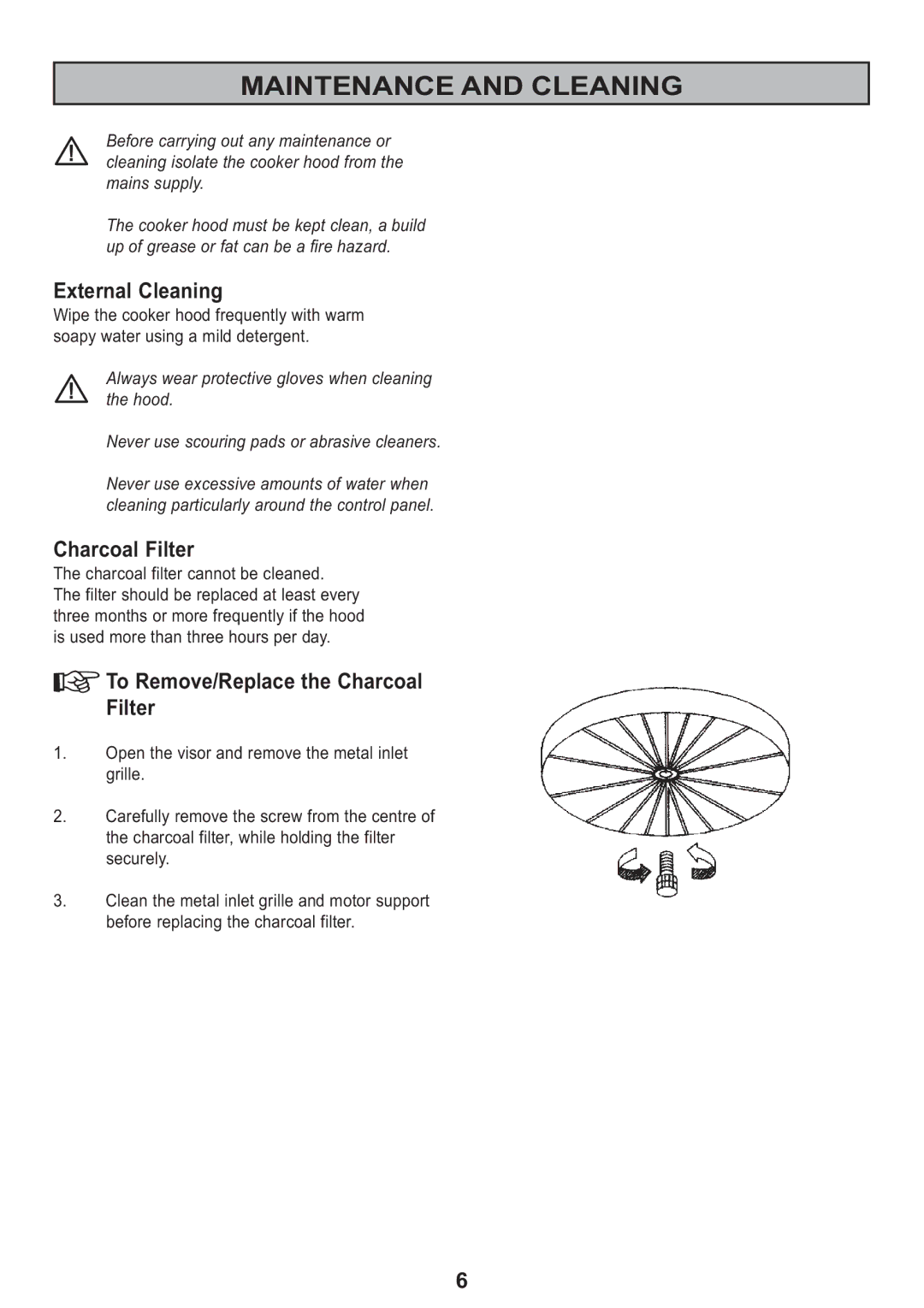 Electrolux Ventilation Hood manual Maintenance and Cleaning, External Cleaning, Charcoal Filter 