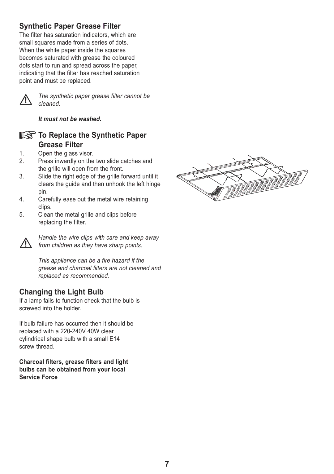 Electrolux Ventilation Hood manual To Replace the Synthetic Paper Grease Filter, Changing the Light Bulb 