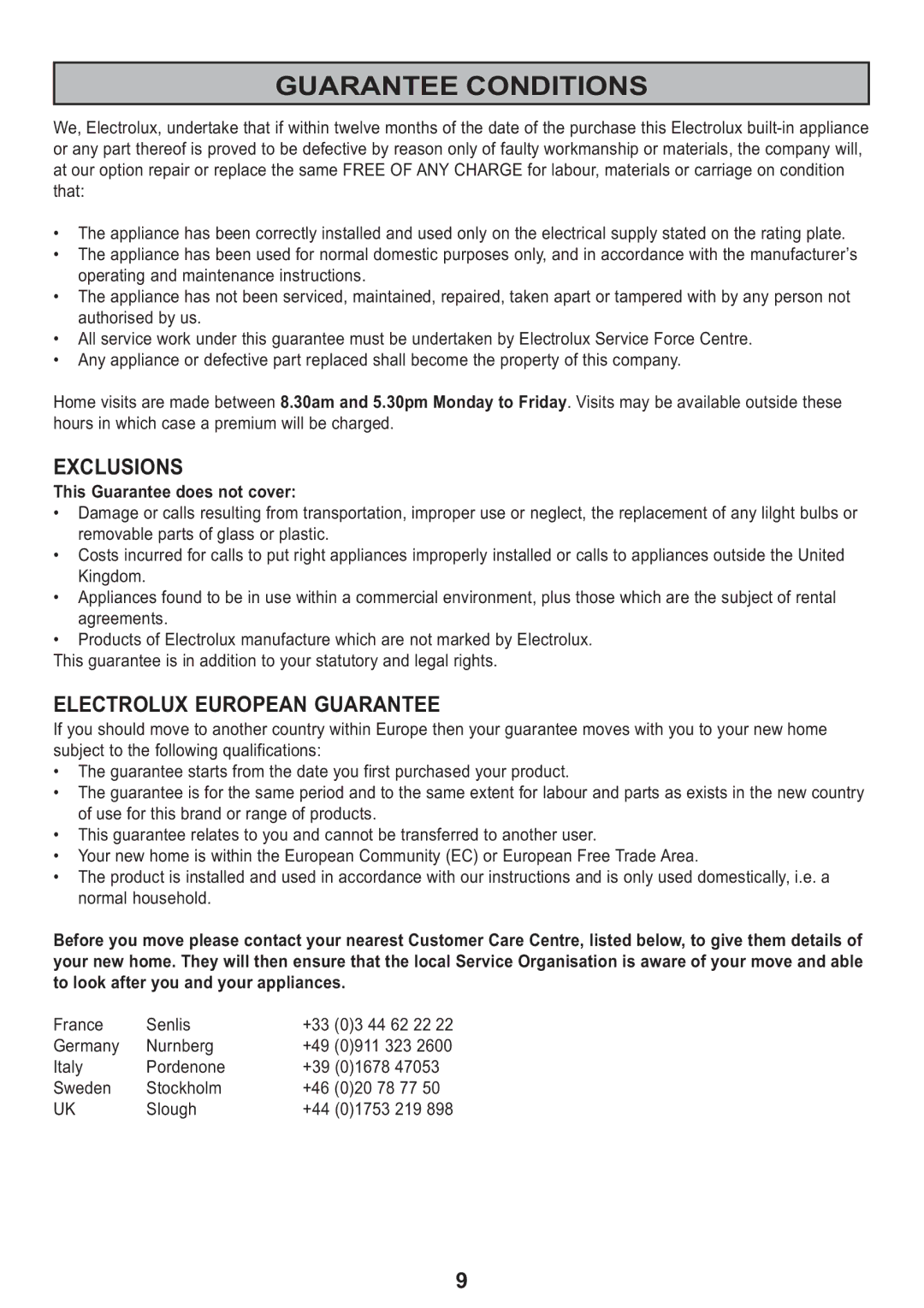 Electrolux Ventilation Hood manual Guarantee Conditions, France Senlis +33, Germany Nurnberg +49 