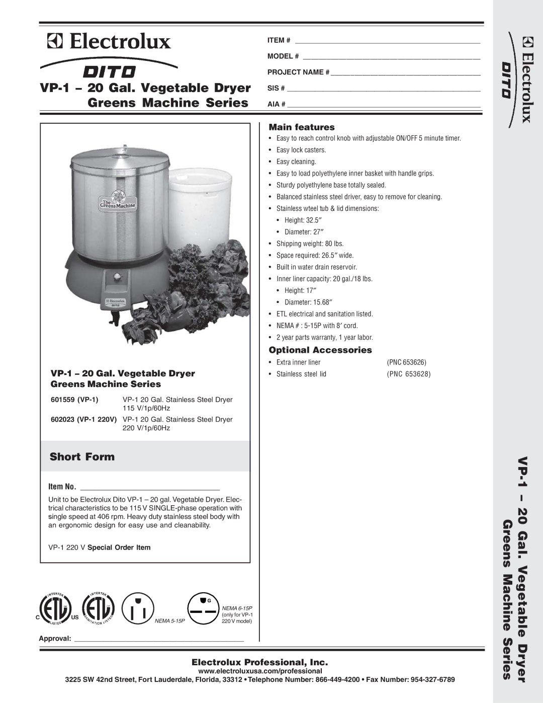 Electrolux 602023 dimensions VP-1 20 Gal. Vegetable Dryer, Greens Machine Series, Greens VegetableVP-1 -Dryer20 Machine 