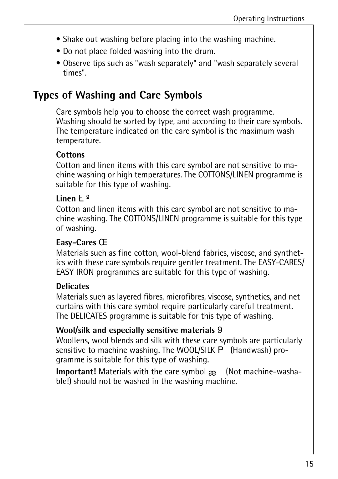 Electrolux W 1450 manual Types of Washing and Care Symbols 