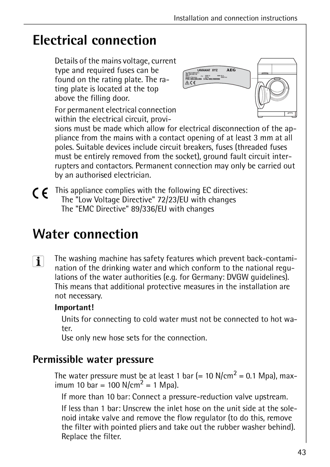 Electrolux W 1460 manual Electrical connection, Water connection, Permissible water pressure 