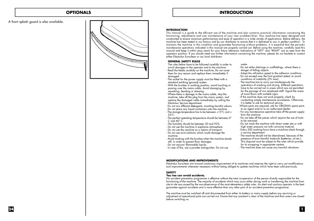 Electrolux W 355 B/M, W 375 B, W 365 B, W 345 B/M manual Optionals, Introduction 