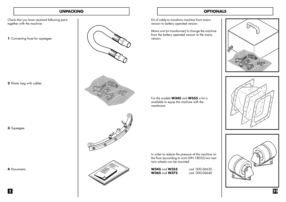 Electrolux W 375 B, W 365 B, W 345 B/M, W 355 B/M manual Unpacking Optionals 