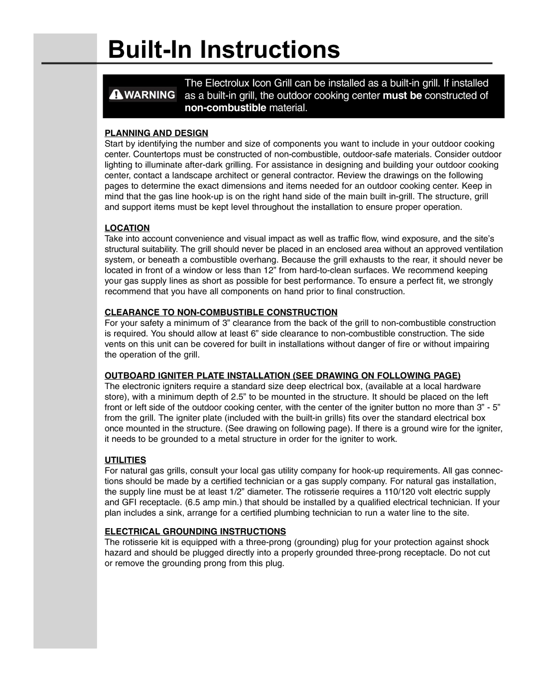 Electrolux W10101296A dimensions Planning and Design, Location, Clearance to NON-COMBUSTIBLE Construction, Utilities 