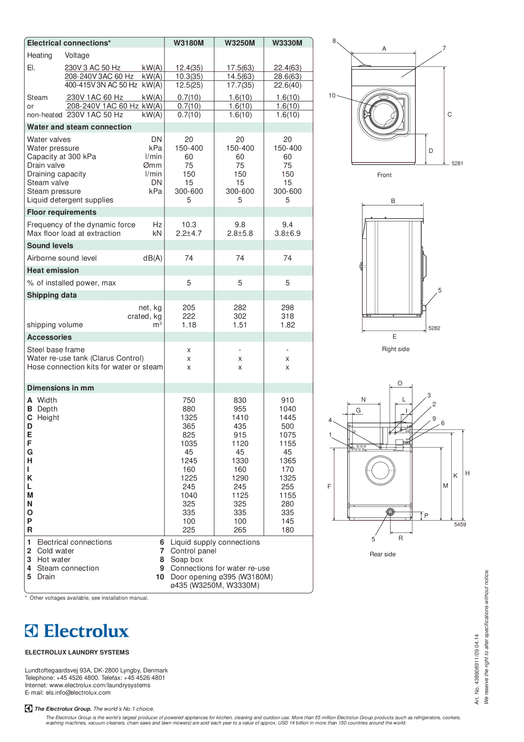 Electrolux Electrical connections W3180M W3250M W3330M, Water and steam connection, Floor requirements, Sound levels 