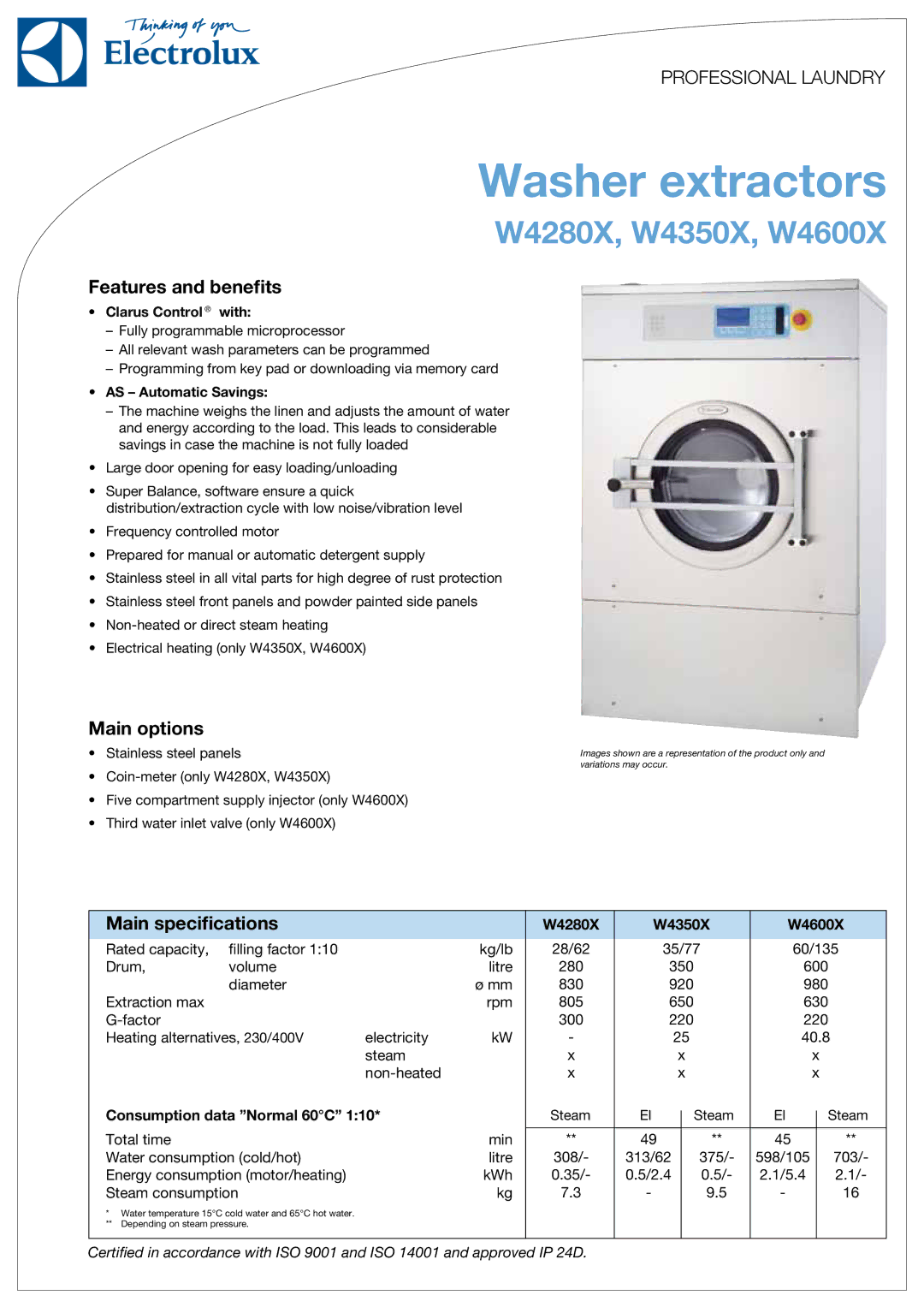 Electrolux specifications Features and benefits, Main options, Main specifications, W4280X W4350X W4600X 