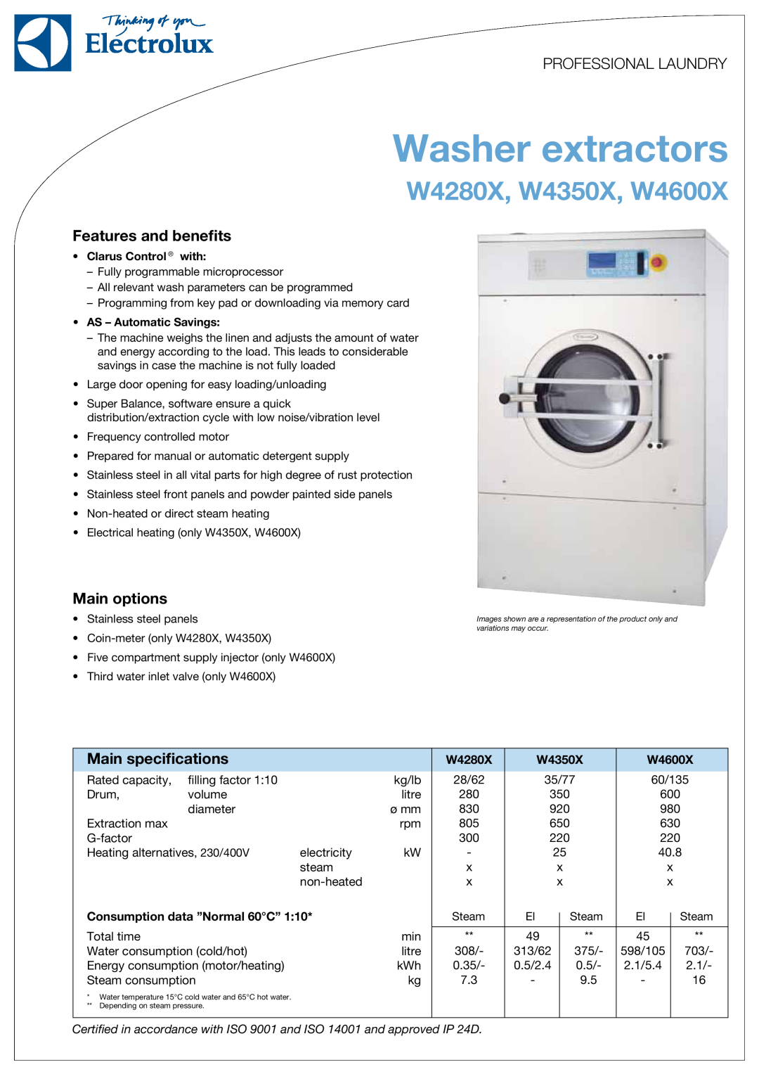 Electrolux specifications Washer extractors, W4280X, W4350X, W4600X, Professional Laundry, Features and benefits 