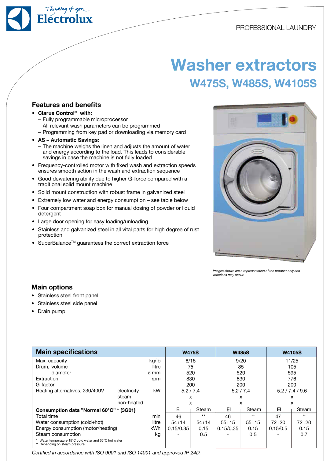 Electrolux W4105S, W485S specifications Features and benefits, Main options, Main specifications, Clarus Control with 